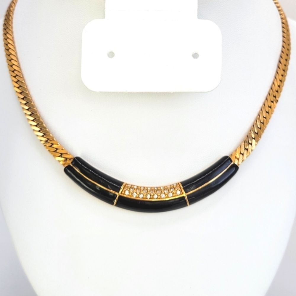 SAL Swarovski| Vintage Necklace Crystals Black Enamel Gold-tone Chocker